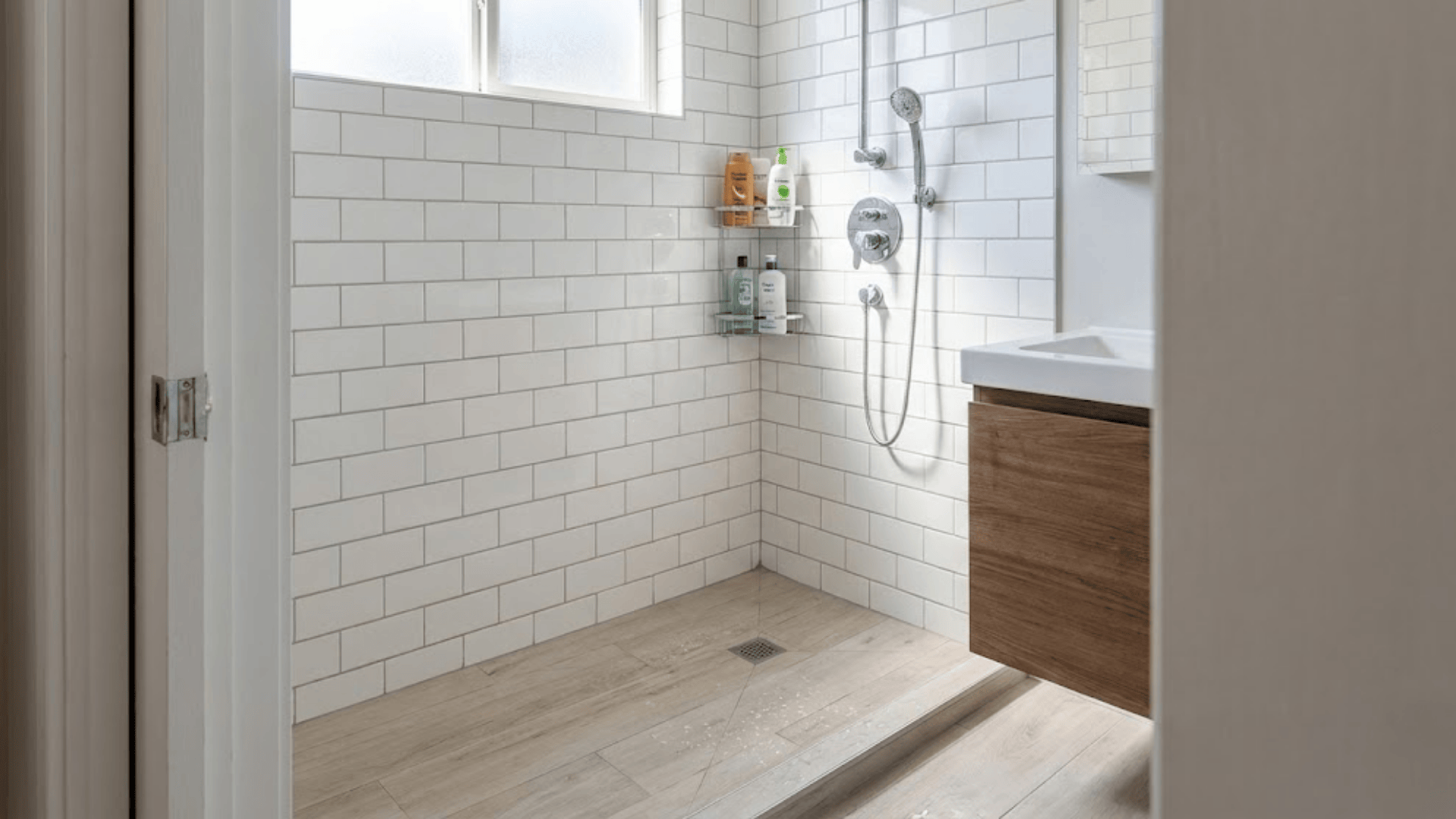 corner doorless walk In shower