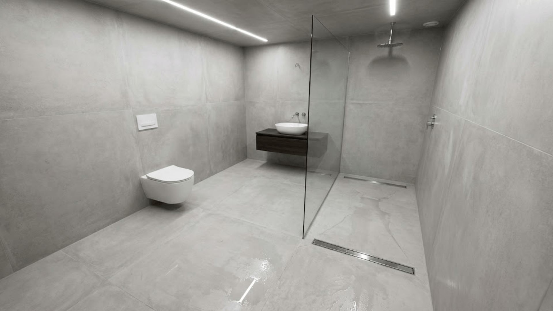 doorless shower in a wet room bathroom
