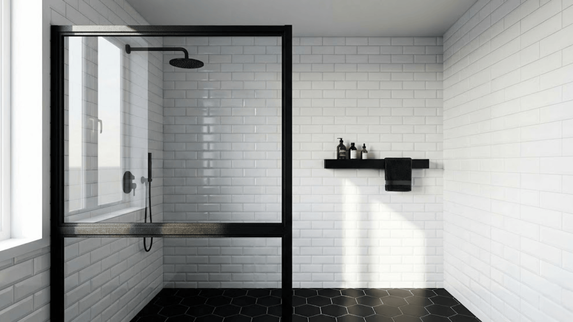 doorless shower with black framed glass