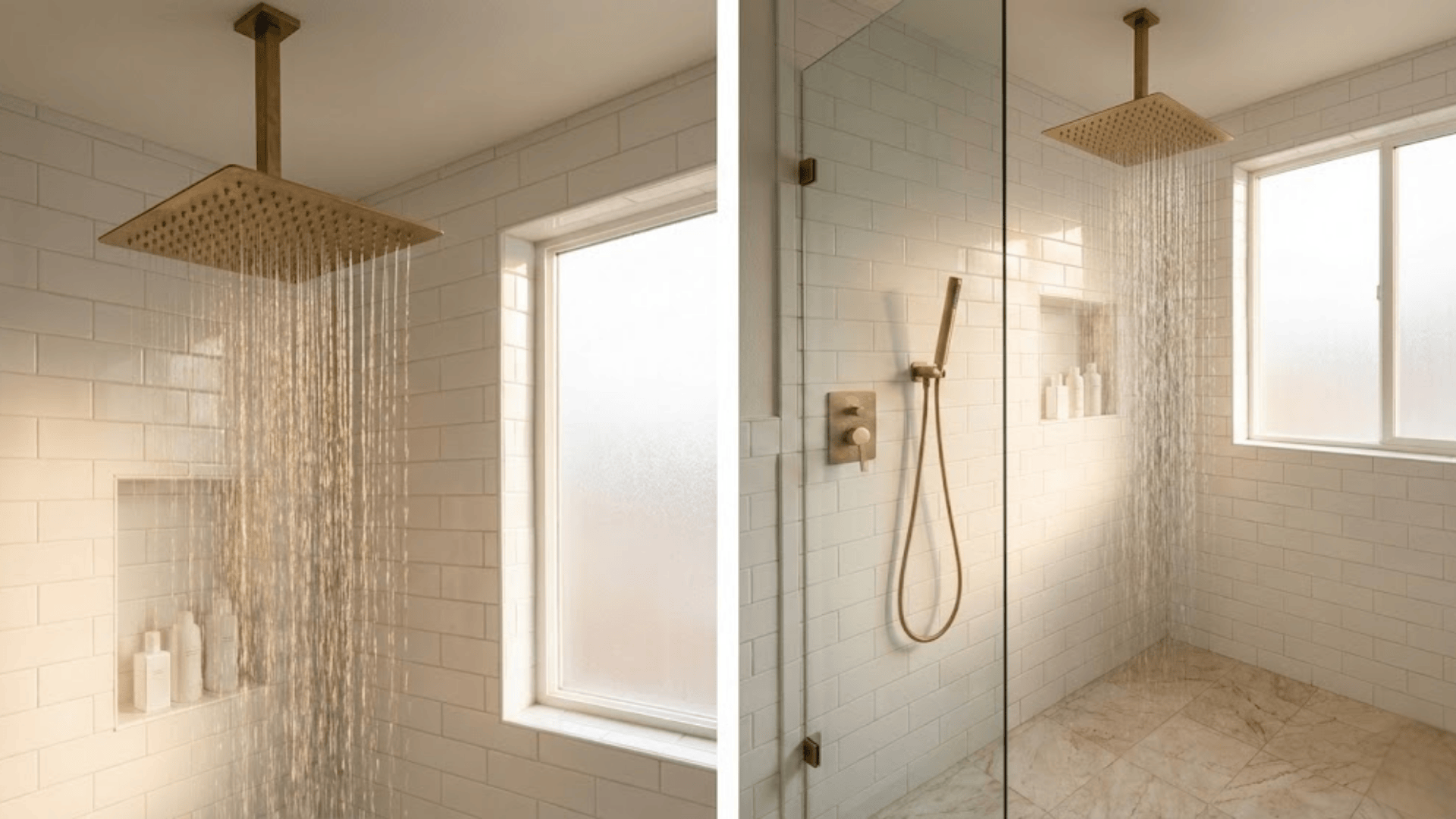 doorless shower with brass or gold fixtures