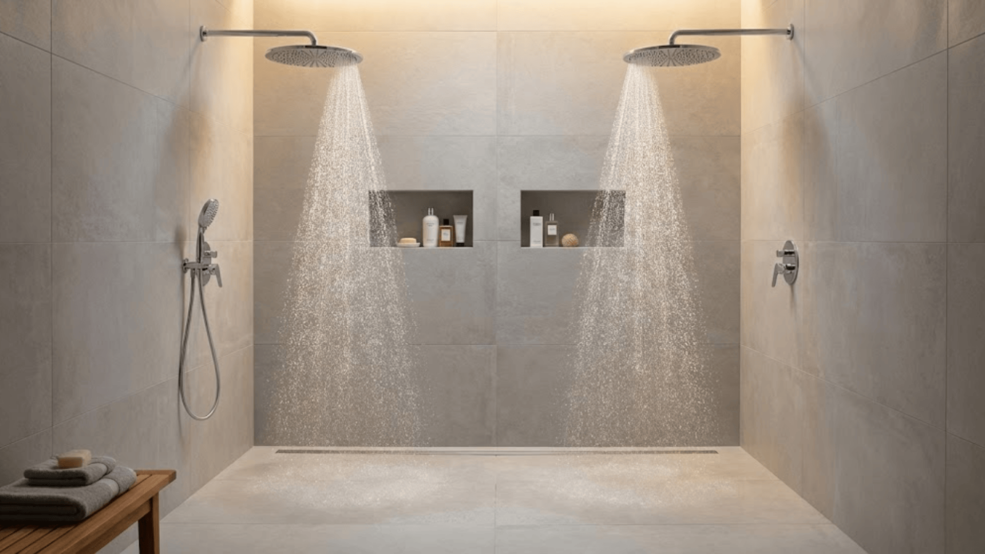 doorless shower with dual showerheads 