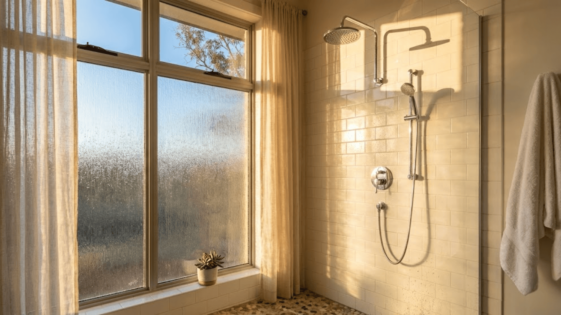 doorless shower with dual showerheads