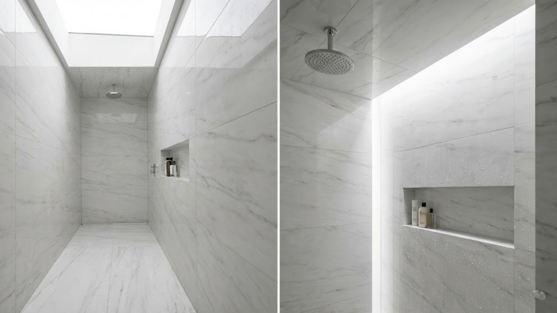 doorless shower with floor to ceiling tile