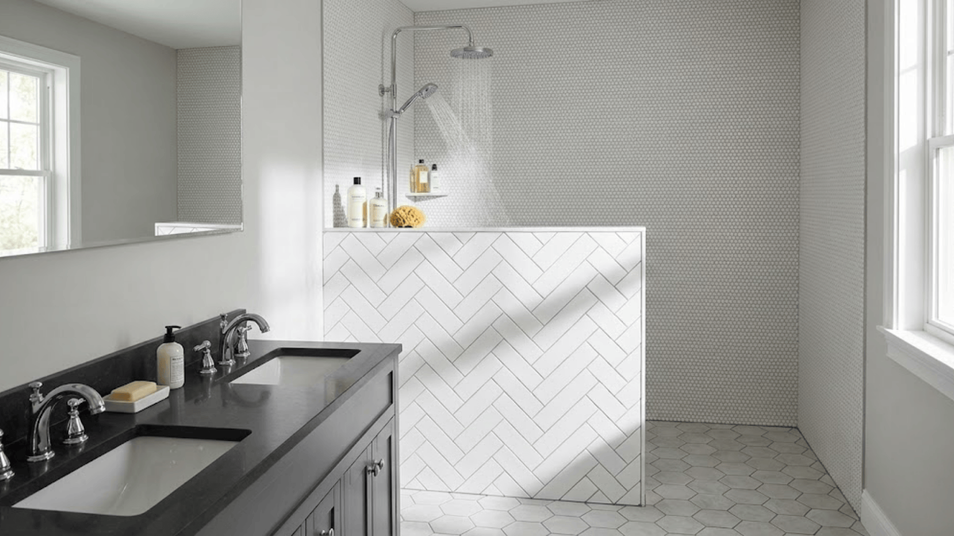 doorless shower with half wall divider