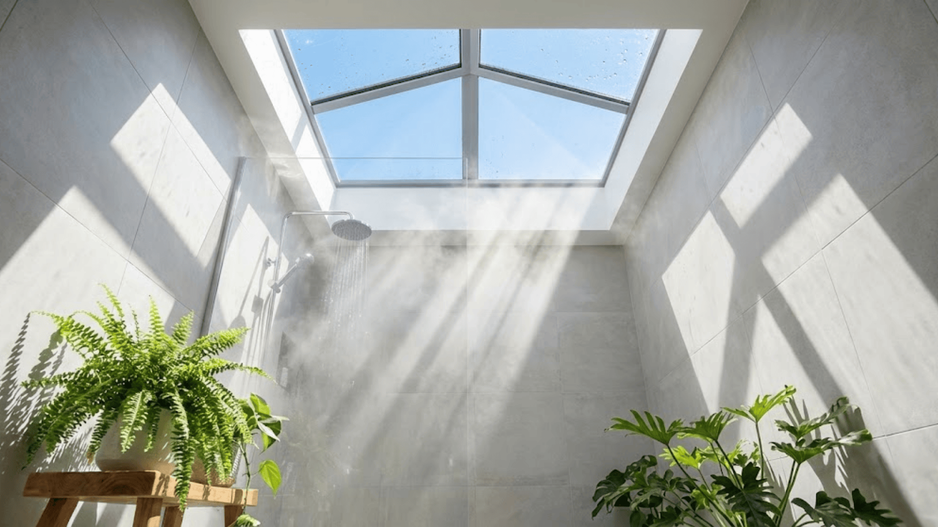 doorless shower with skylight
