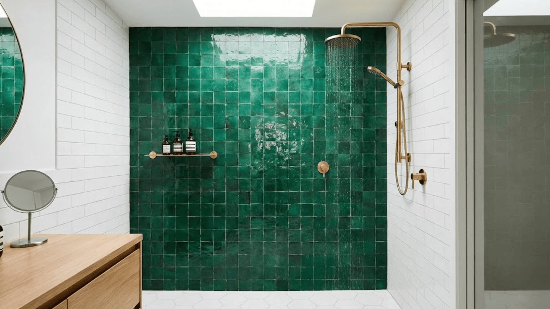 doorless shower with statement tile
