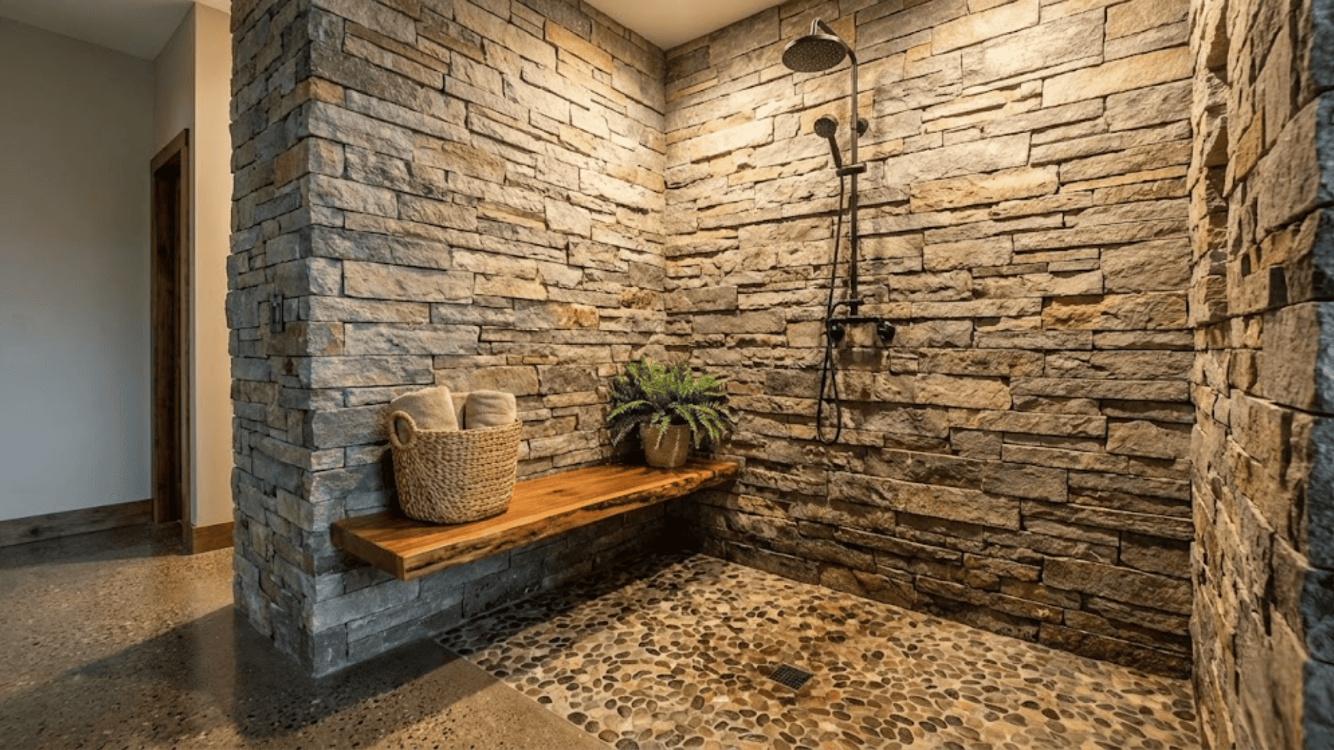 doorless shower with stone or concrete finishes
