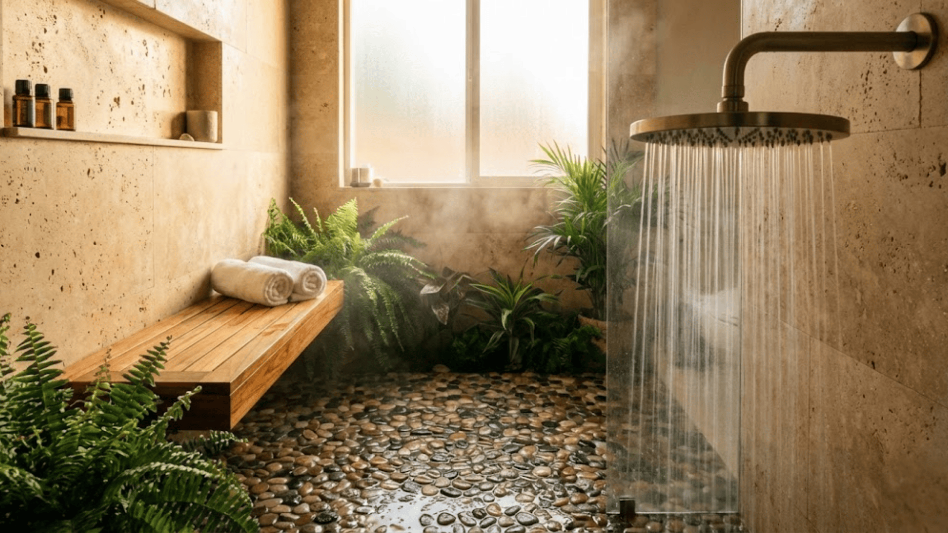 spa inspired doorless walk in shower
